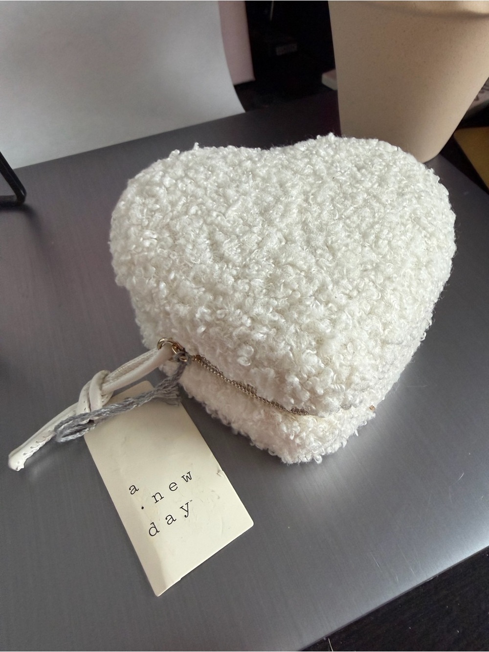 a new day Cream Heart-Shaped Sherpa Travel Jewelry Box